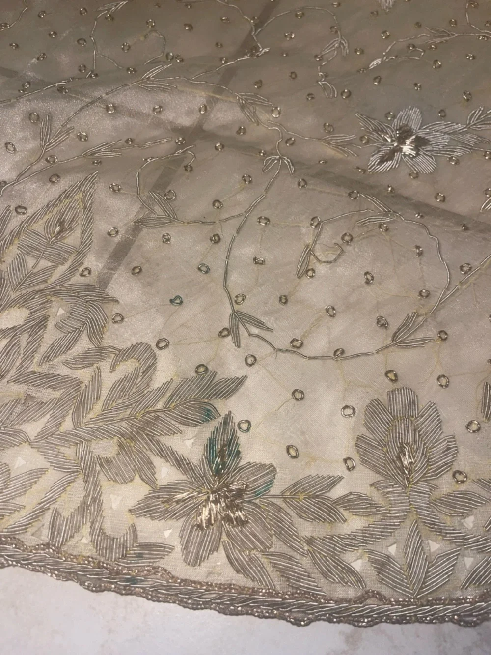 Vintage sheer Glass Beaded Hand Embroidered Round Tablecloth Persian